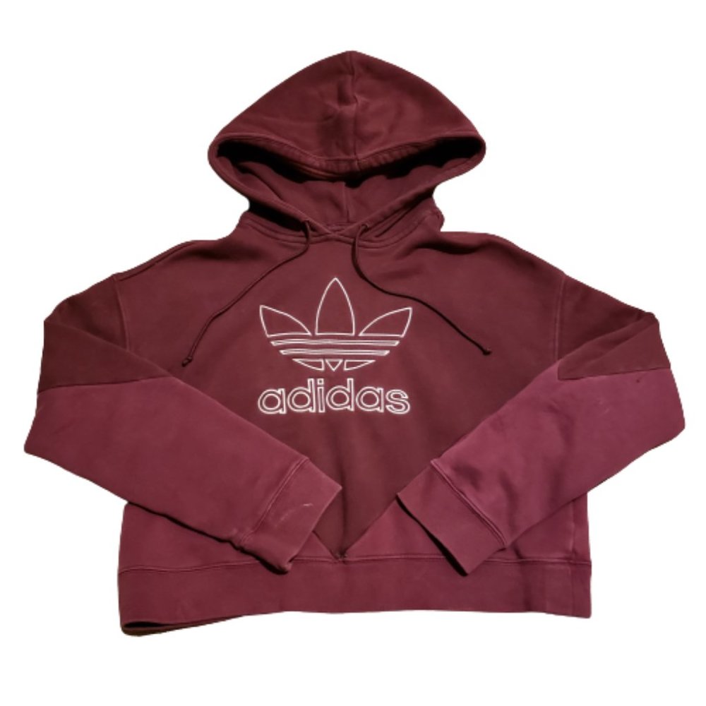 Adidas Cropped Hoodie Sweatshirt Maroon Red Women's XS Embroidered Trendy Comfy